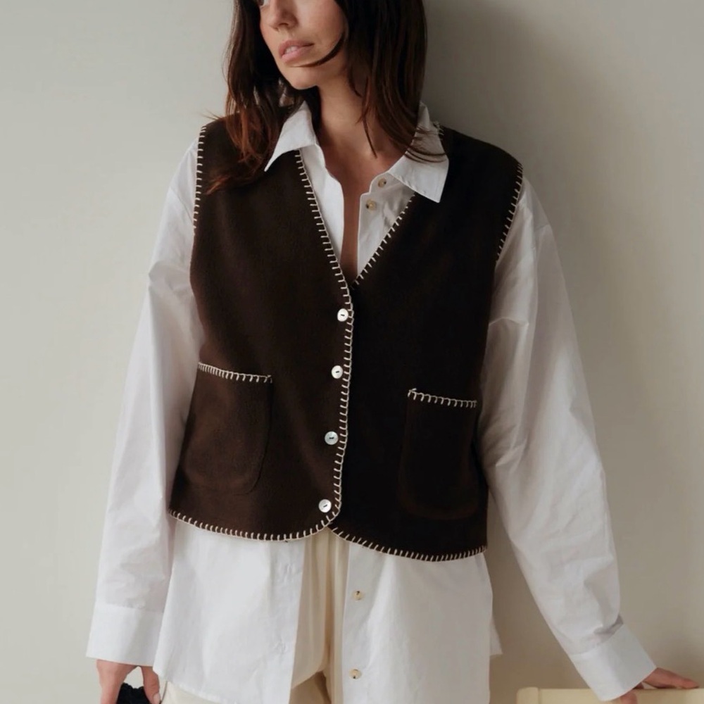 DONNI Polar Fleece Brown Vest with White Whipstitch Trim, Size S